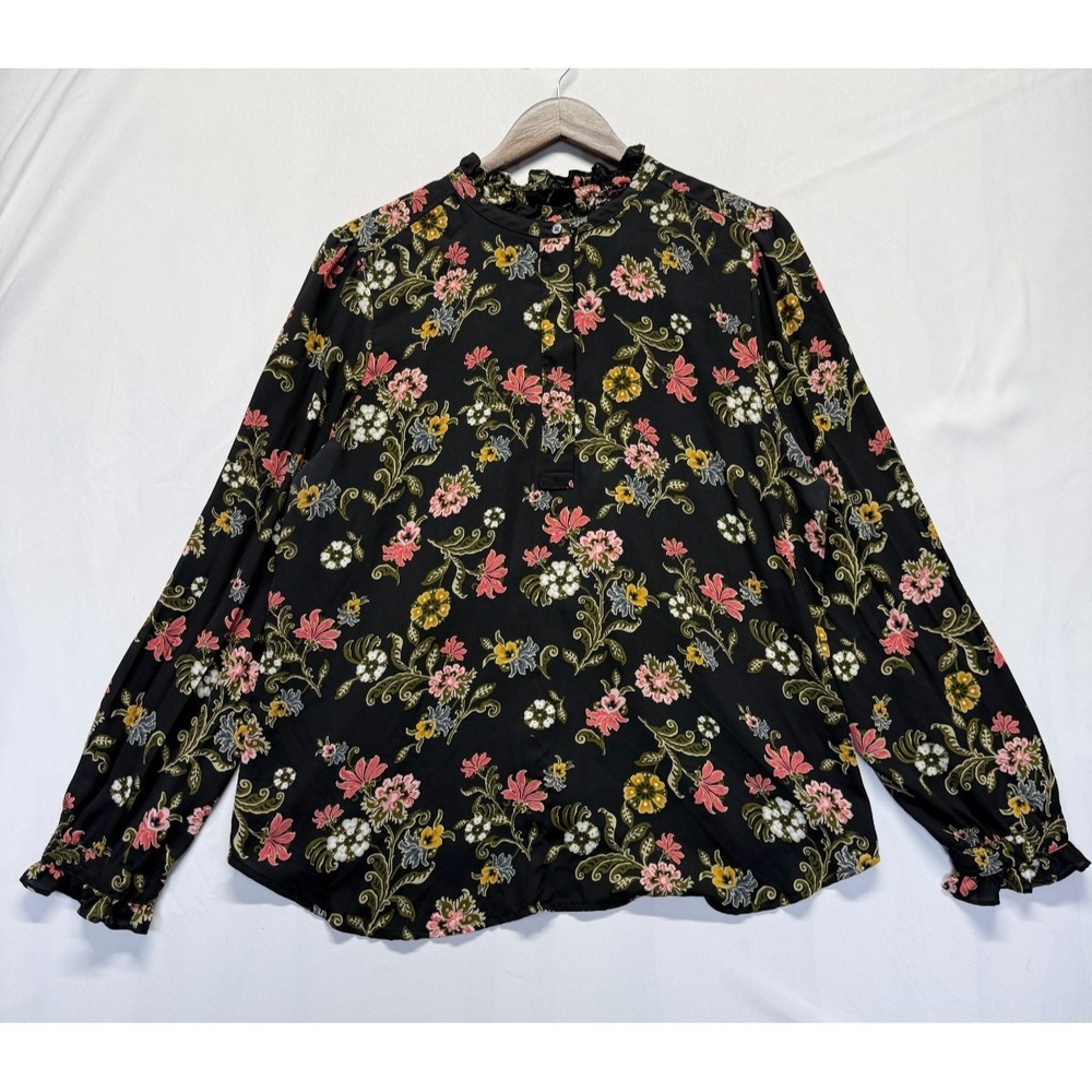 Loft Popover Blouse Top Womens XL Black Multi Floral Ruffle Trim Cuff &‎ Neck